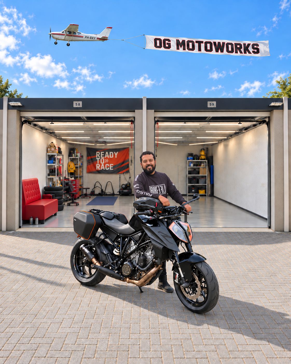 Monteur van OG MotoWorks met een zwarte KTM Super Duke voor de werkplaats (units 58 en 59) in Waalwijk, met een vliegtuigje met OG MotoWorks-banner in de lucht